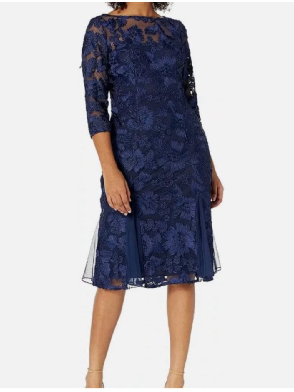 Alex Evenings Navy Soutache Lace Tea Length Dress
